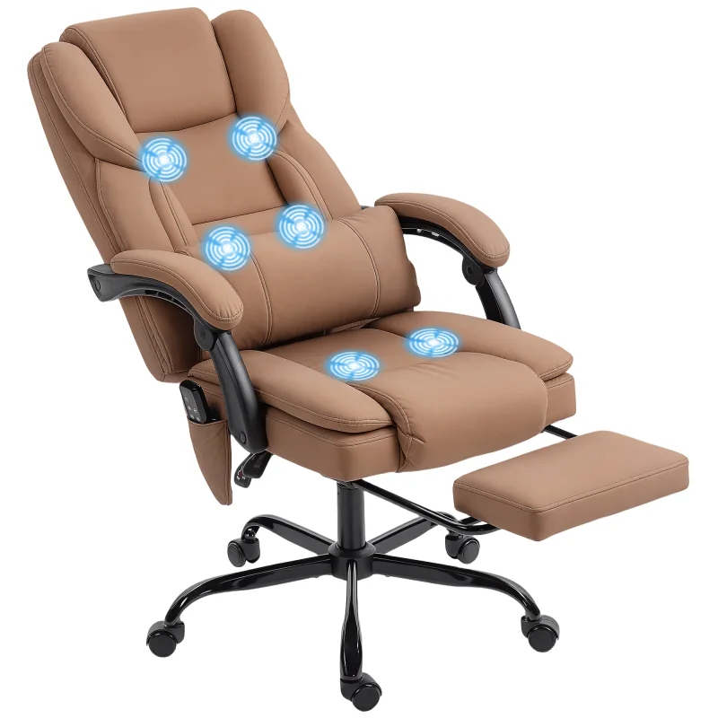 Office Chair with Massage, Pet-Friendly Faux Leather Reclining Desk Chair with Lumbar Support, Footrest, Brown
