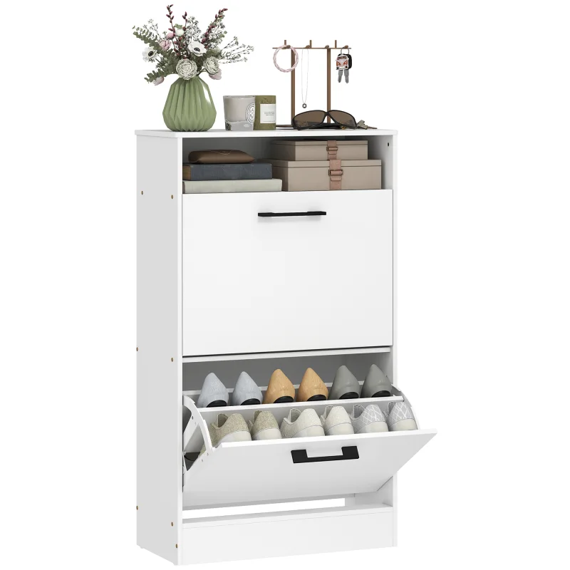 Shoe Cabinet 2 Flip Drawers Adjustable Dividers Shoe Storage Cabinet Top Shelf Entryway White