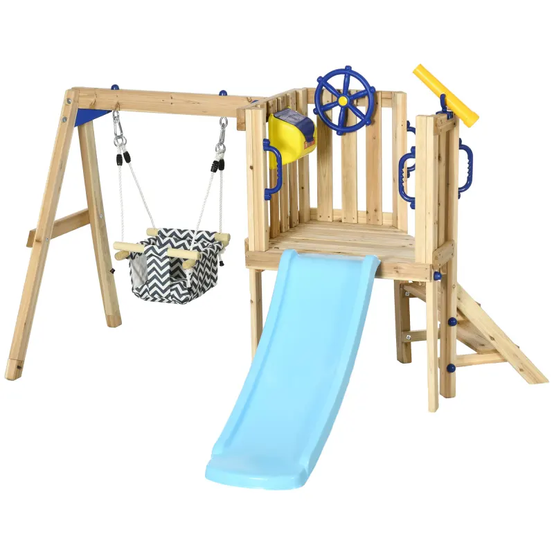 Swing Set for Backyard, Wooden Toddler Outdoor Playset with Baby Swing Seat, Kids Slide, Fort, Natural