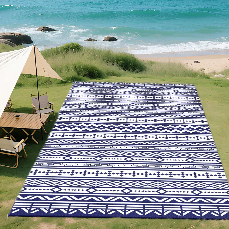Reversible Outdoor Rug, Waterproof Plastic Straw with Carry Bag, 9' x 18', Blue & White Geometric Wall