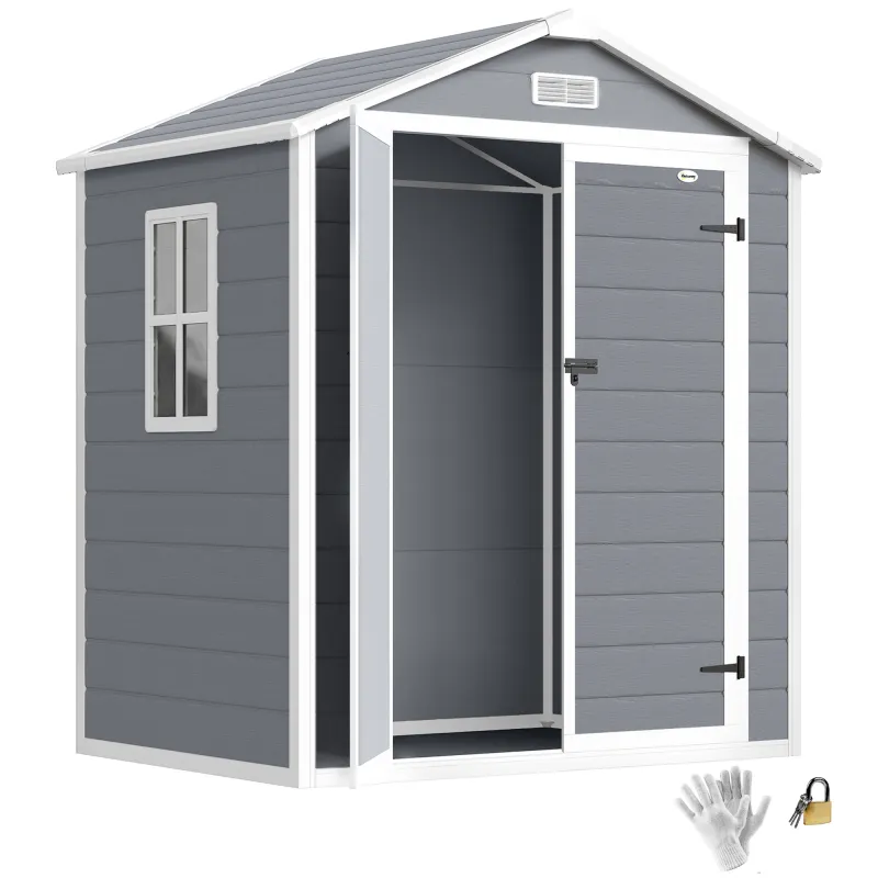Outdoor Storage Shed, 6' x 4.5' Garden Shed with Double Lockable Doors, Vent and Window, Plastic Utility Tool Shed, Gray