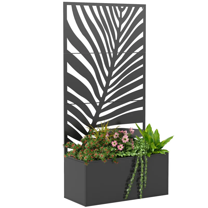 Metal Planter Box with Trellis, Raised Garden Bed with Trellis Large Leaf Cut-Out Privacy Screen for Climbing Plants