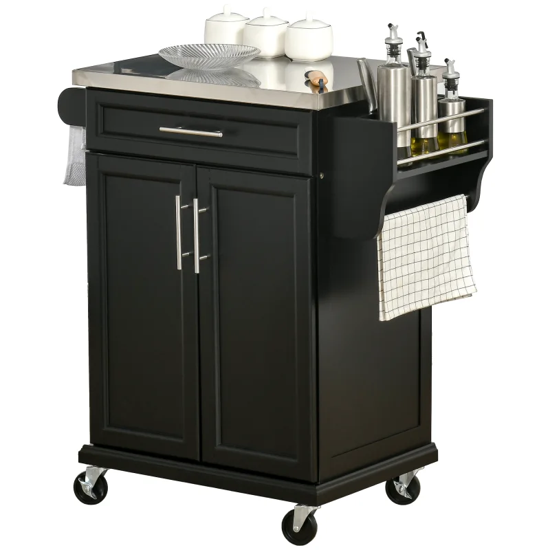 Kitchen Island on Wheels, Rolling Kitchen Cart with Stainless Steel Countertop, Drawer, Towel Rack and Spice Rack, Utility Storage Trolley, Black