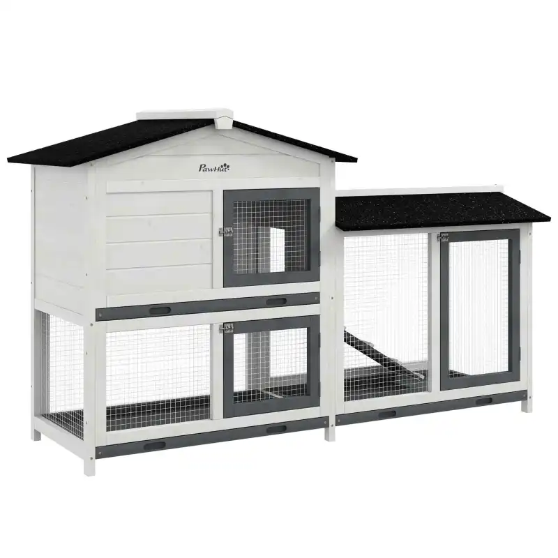 62" Rabbit Hutch, Wooden Bunny Hutch, Guinea Pig Cage, Small Animal Enclosure with Run Area, Removable Tray, Asphalt Roof, Lockable Doors and Ramp, for Rabbits, Chickens, Ducks, White