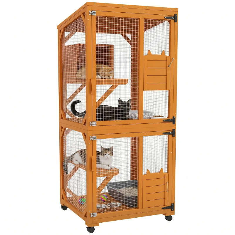 Large Cat House for 1-3 Cats on Wheels Wooden Catio Enclosure Orange