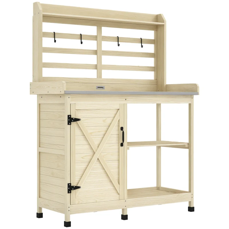 Wooden Potting Bench with Storage, Sink, Water Tap for Backyard, Patio, Balcony, Natural