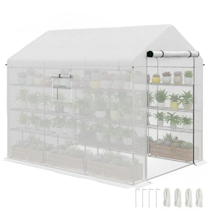 8' x 6' x 7' Portable Walk in Greenhouse with Mesh, Door, Windows, 18 Shelf, Trellis, Plant Labels, White