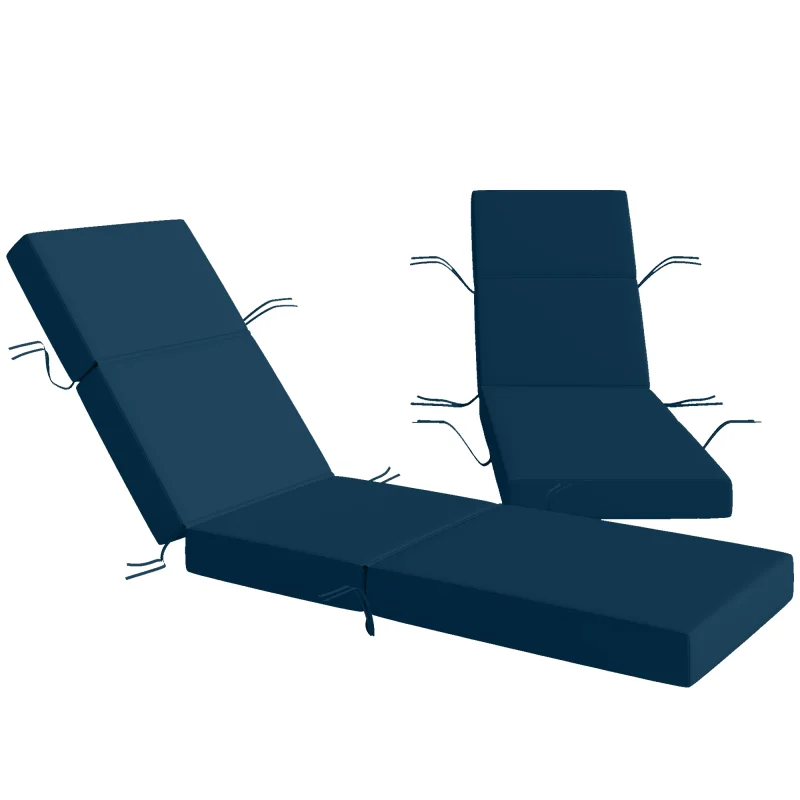 Set of 2 Chaise Lounge Cushion, 4" Thick Outdoor Lounge Chair Cushions with Ties for Patio, 21" x 72", Navy Blue