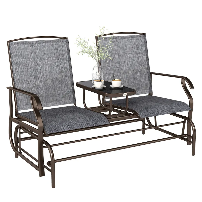 Double Glider Chair Mesh Fabric with Center Table Patio