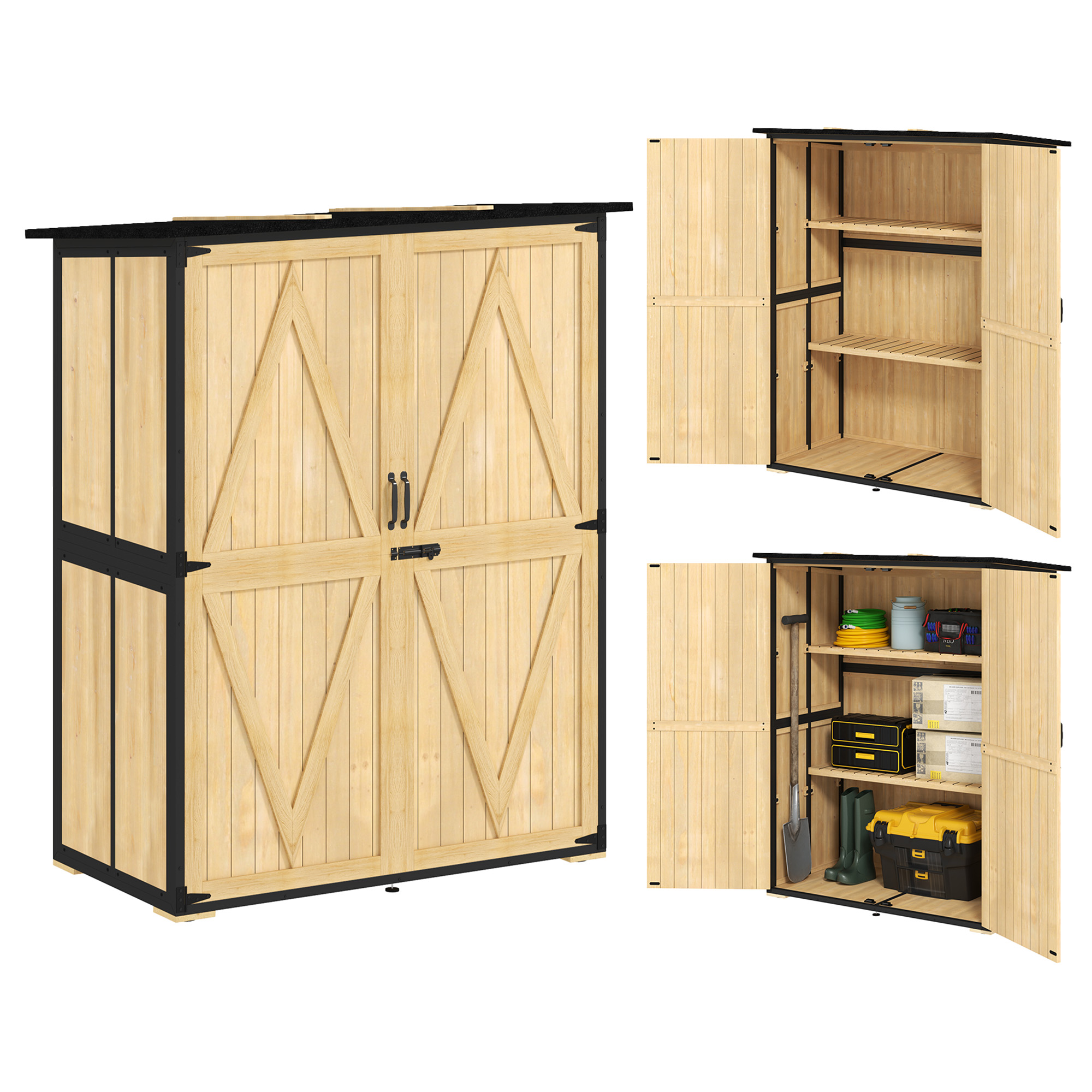 Wood Storage Shed, Outdoor Garden Shed with Asphalt Roof, 2 Shelves, Lockable Doors and Adjustable Feet, Natural