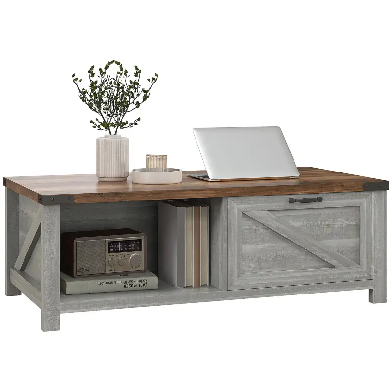 Coffee Table with Storage, Farmhouse Living Room Table with Storage Drawer and Open Shelf, Distressed Gray