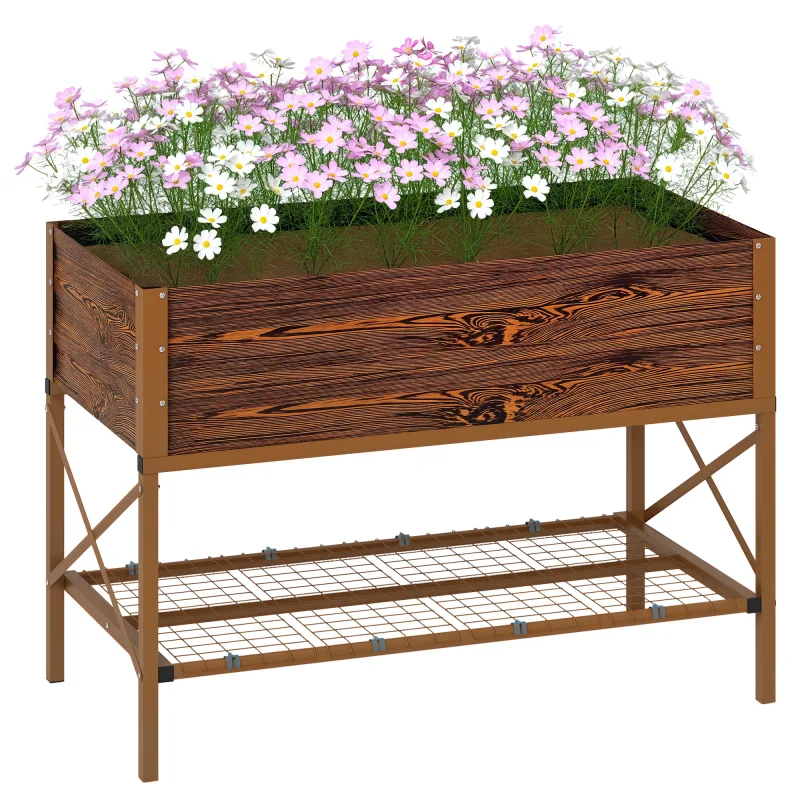 Galvanized Raised Garden Bed, Metal Planter Box with Legs, Storage Shelf and Bed Liner, Dark Brown