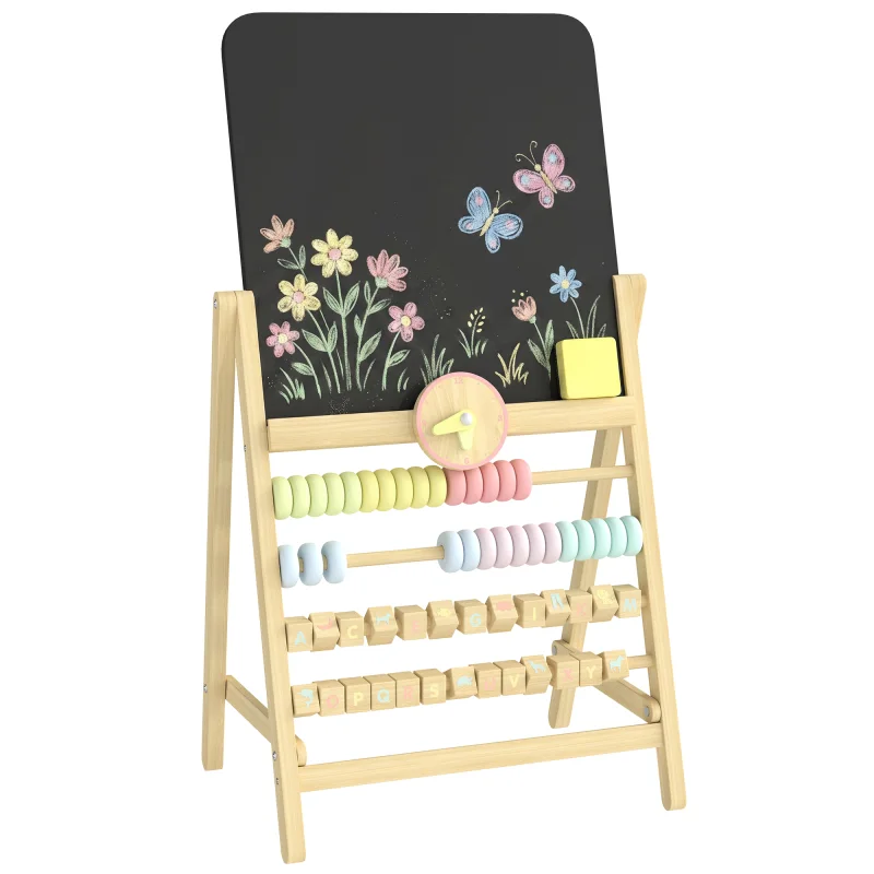Wooden Kids Art Easel with Double-Sided Chalkboard, Clock, Abacus, Blackboard Eraser for Painting, for Ages 2+, Natural