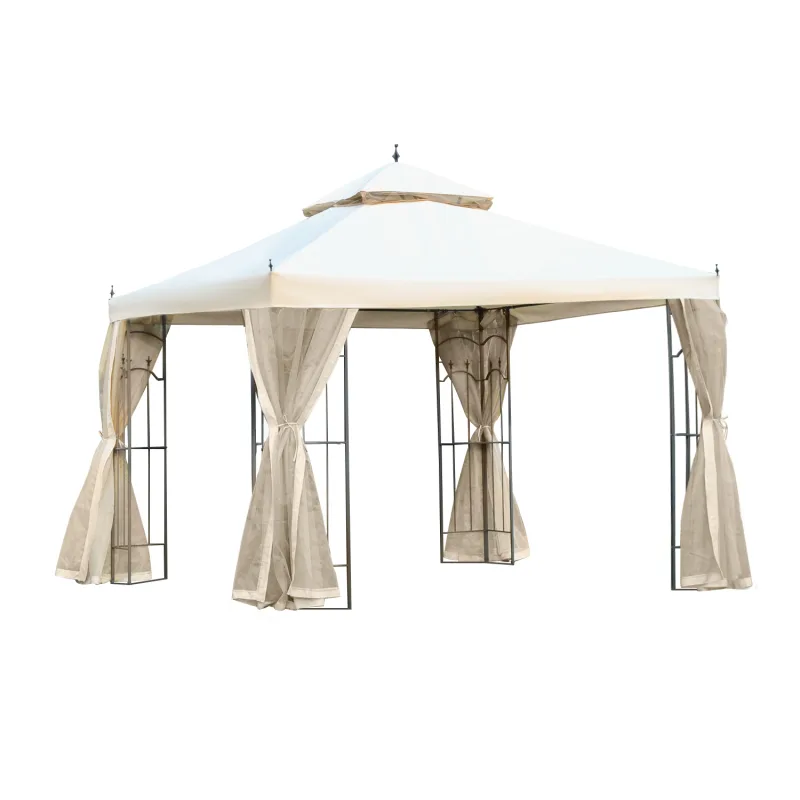10' x 10' Patio Gazebo with Corner Frame Shelves, Double Roof Outdoor Gazebo Canopy Shelter with Netting for Patio, Wedding, Catering & Events, Cream White