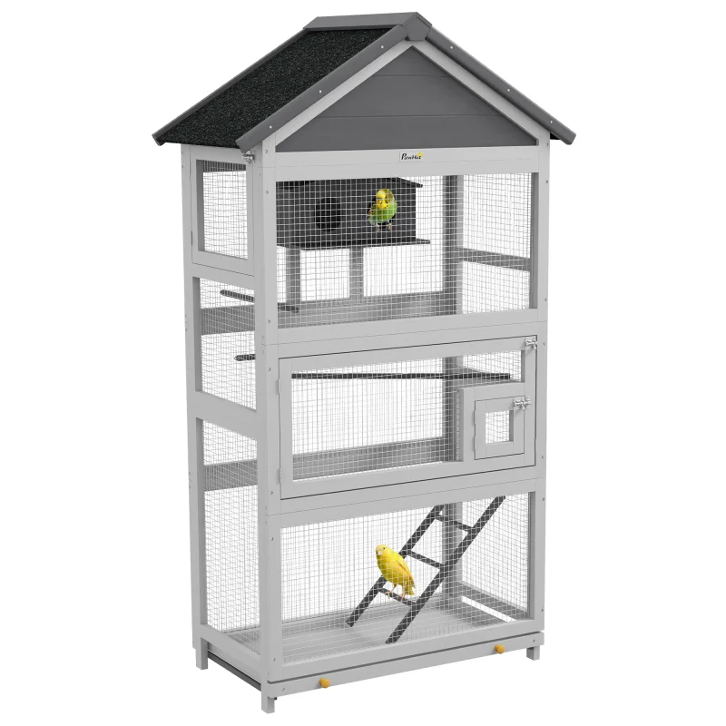 Wooden Bird Aviary with Slide-Out Tray, Birdhouse, Ladder, Perches for Finches, Parakeets, Gray