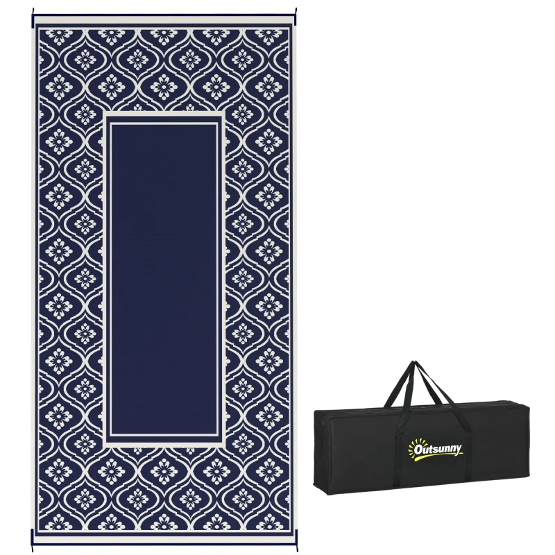 Reversible Outdoor Rug, Waterproof Plastic Straw with Carry Bag, 9' x 18', Blue & White Gourd Border
