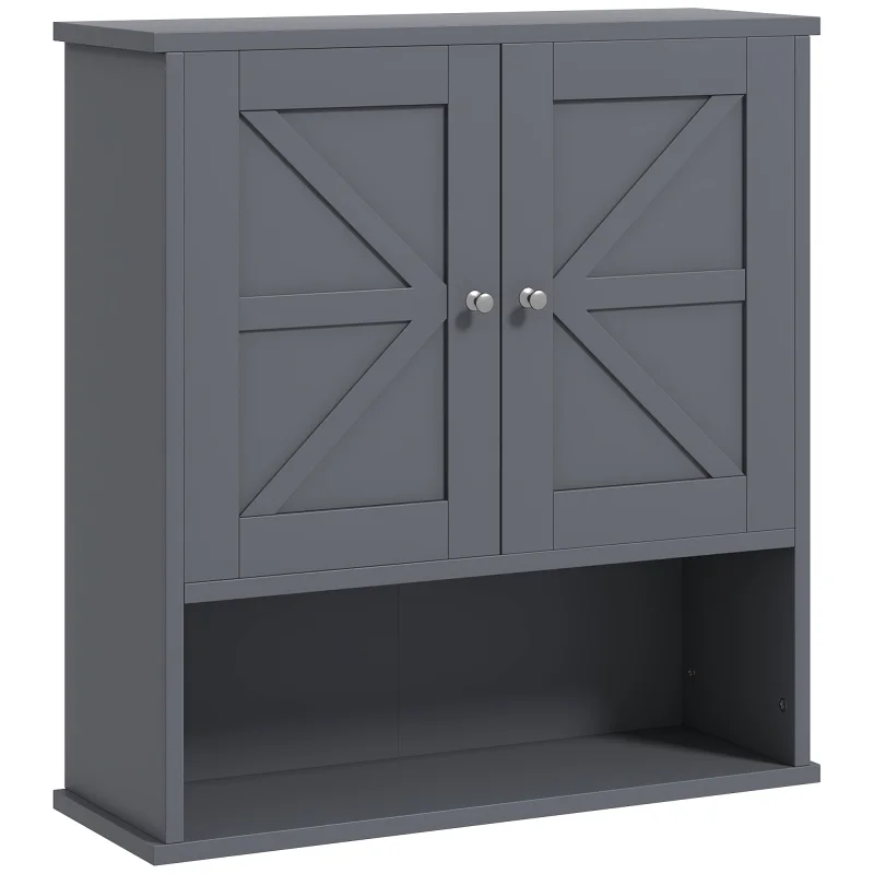 Farmhouse Bathroom Medicine Cabinet, Wall Cabinet with Barn Doors and Adjustable Shelf for Laundry Room, Gray