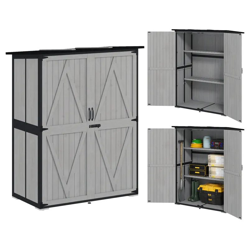 Wood Storage Shed, Outdoor Garden Shed with Asphalt Roof, 2 Shelves, Lockable Doors and Adjustable Feet, Gray