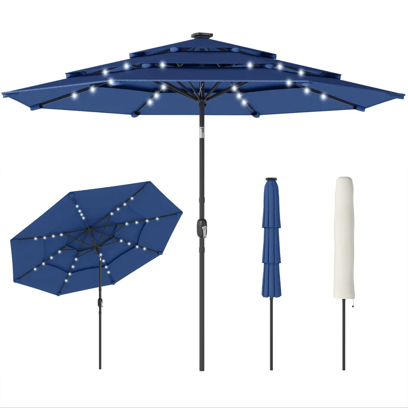 9.7 ft Outdoor Patio Umbrella with Solar LED Lights, 3 Tier Outdoor Table Umbrella with Tilt, Crank, Navy Blue