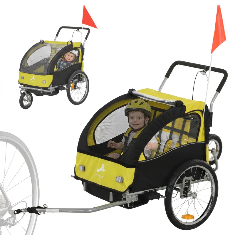 2-Seat Elite 360 Swivel Bike Trailer for Kids Bicycle Cargo Trailer with Water-Resistant Windows, Yellow