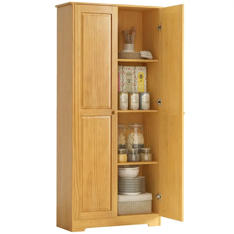67" Pinewood Kitchen Pantry Storage Cabinet, Freestanding Cabinets with Doors and Shelves, Dining Room