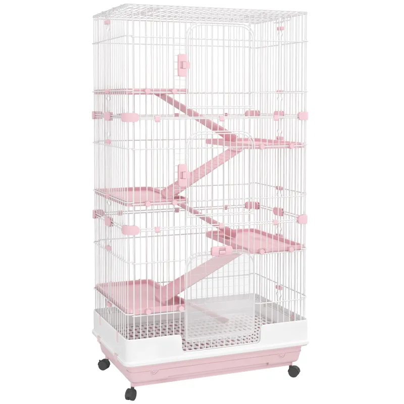 32"L 6-Level Small Animal Cage Bunny Hutch with Universal Wheels, Slide-out Tray for Chinchillas, Ferret, Pink