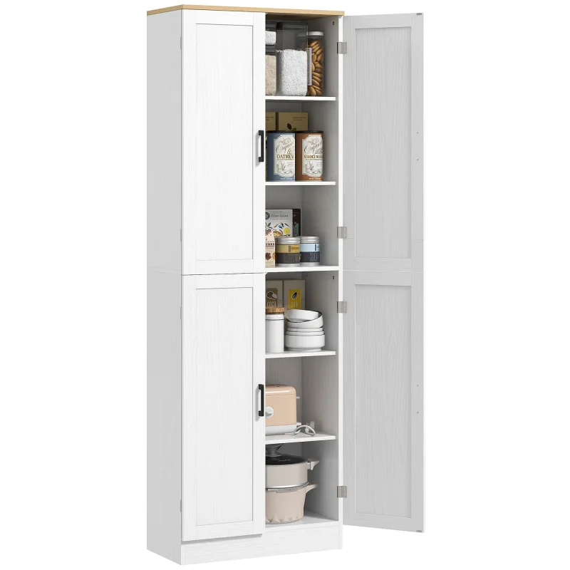 Freestanding Kitchen Pantry, 4-Door Kitchen Pantry Cabinet with Adjustable Shelves and Doors, White Embossed Wood Grain