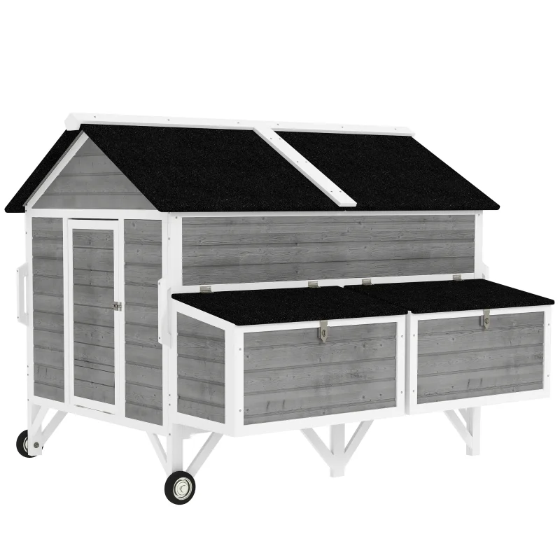 59" Wooden Chicken Coop w/ Wheels, Handles, 2 Nesting Boxes, 2 Trays, 4 Perches, Chicken Tractor for 4-6 Chickens, Gray