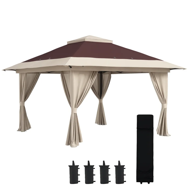 13' x 13' Pop Up Gazebo Instant Canopy Tent Shelter with 2-Tier Roof, Carry Bag, Wight Bags for Outdoor, Garden, Brown