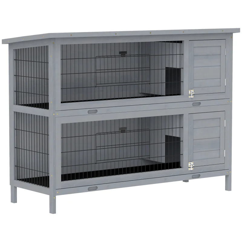 54" 2-Story Large Rabbit Hutch Bunny Cage Wooden Pet House Small Animal Habitat Lockable Doors, Tray, Roof, Gray