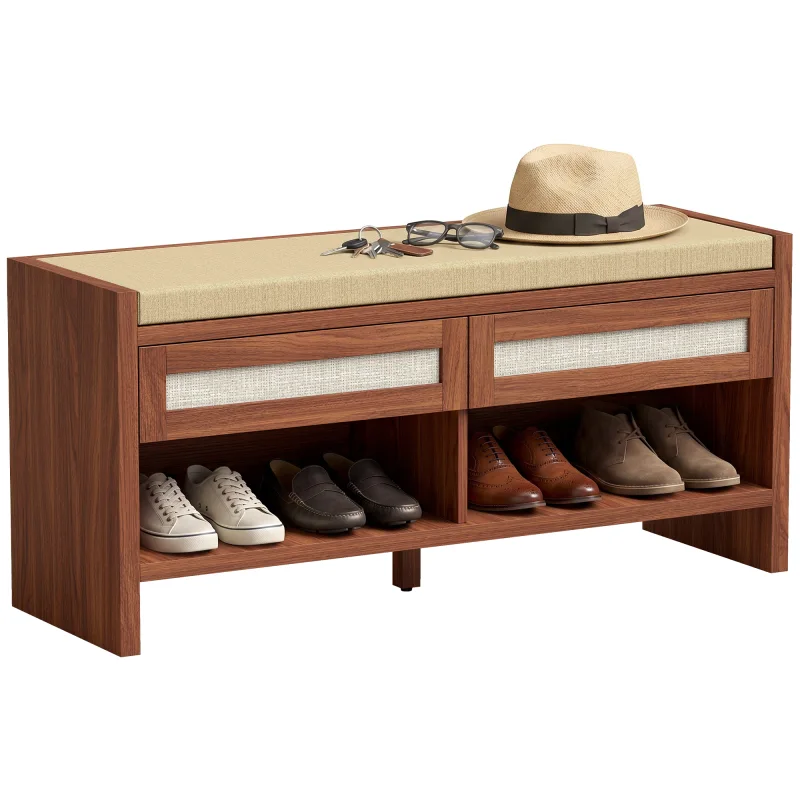 Shoe Bench with Cushioned Seat Shoe Storage Bench with 2 Rattan Drawers and Open Shelf Brown
