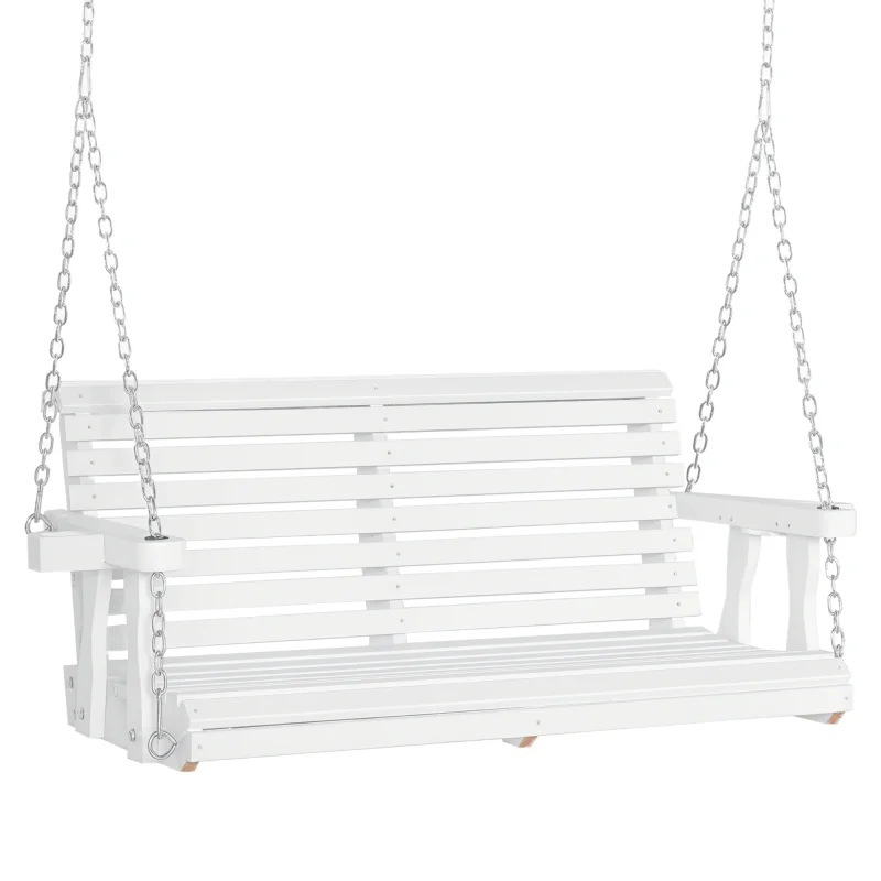 46" 2-Person Porch Swing Wooden Patio Swing Bench with Cup Holders, Slatted Design, Chains, 440lb Weight Capacity, White