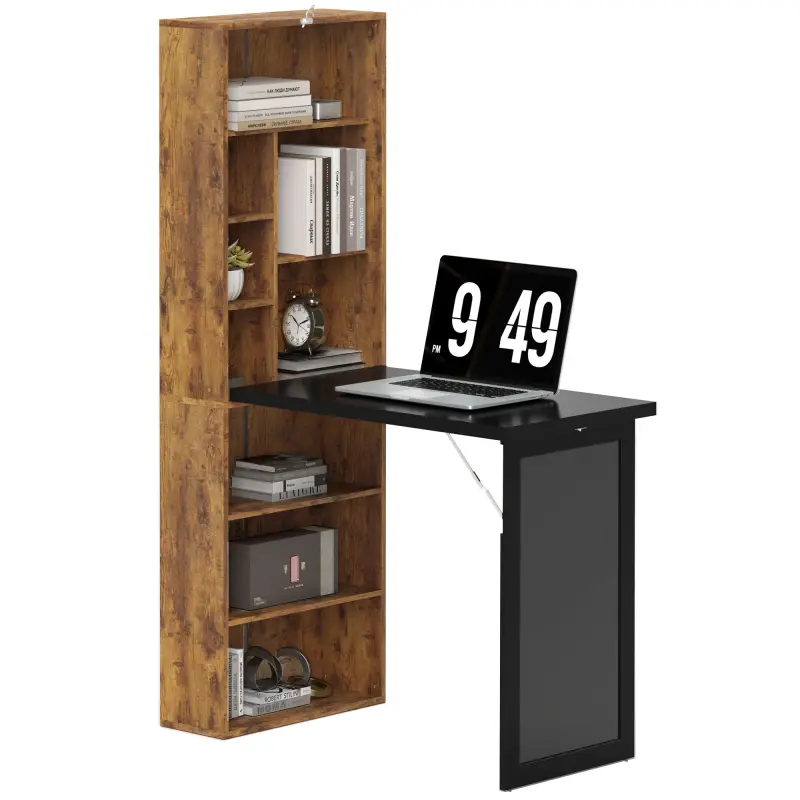 Fold-out Convertible Home Office Desk, Computer Desk with Blackboard and Side Shelf, Rustic Brown