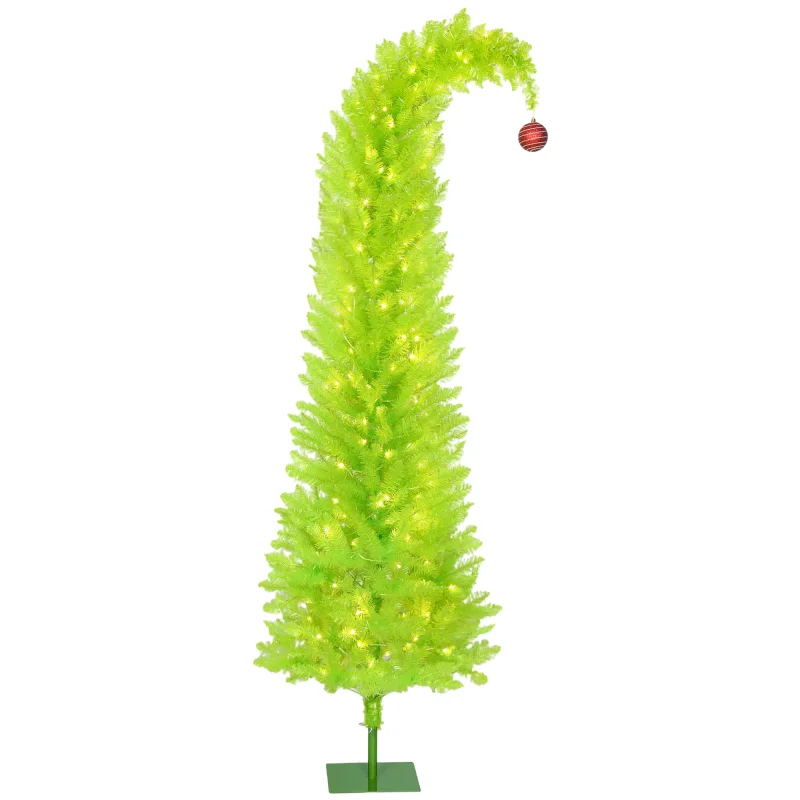 7 ft Whimsical Christmas Tree, Pencil Xmas Tree with Red Ball, Metal Base, Prelit with 250 LED Lights
