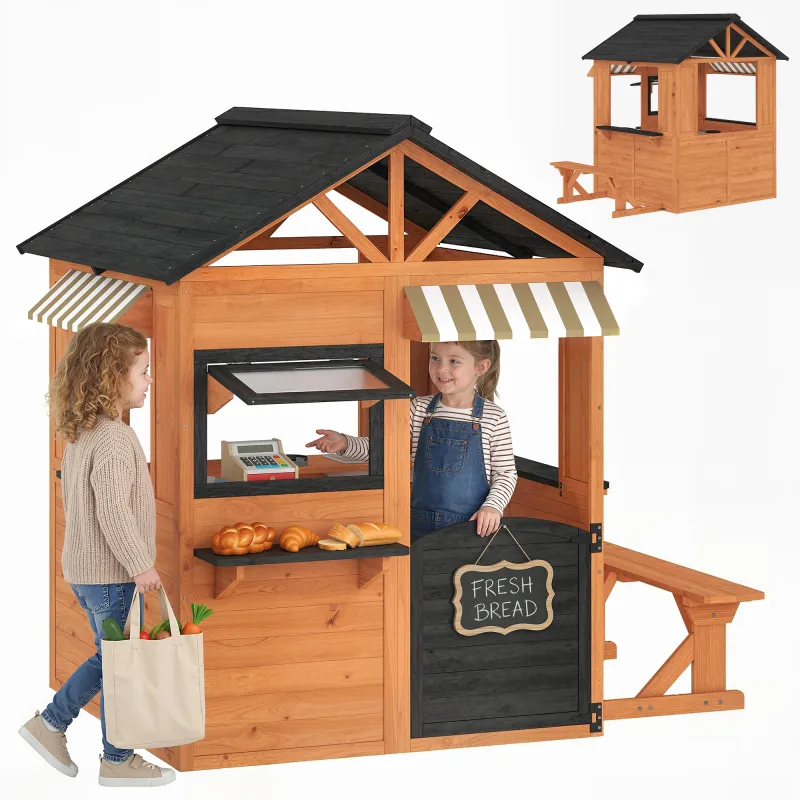 Wooden Kids Playhouse with Play Kitchen, Picnic Bench, Serving Station, Windows and Door for Backyard, Ages 3–8, Brown