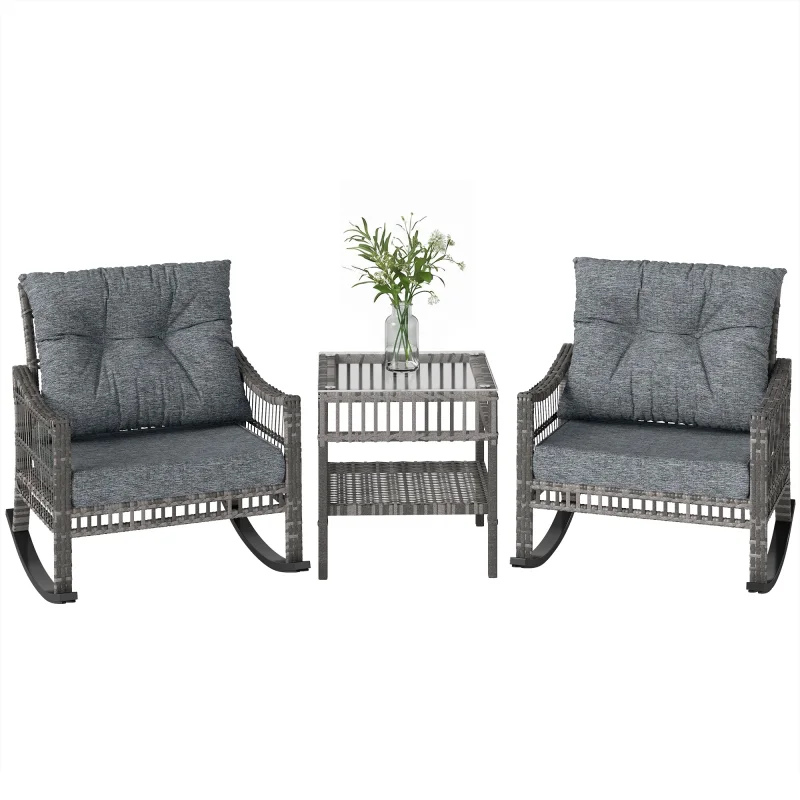 3 Piece Outdoor PE Rattan Rocker Chair Set, Rocking Chair with Tempered Glass Table Top, Gray