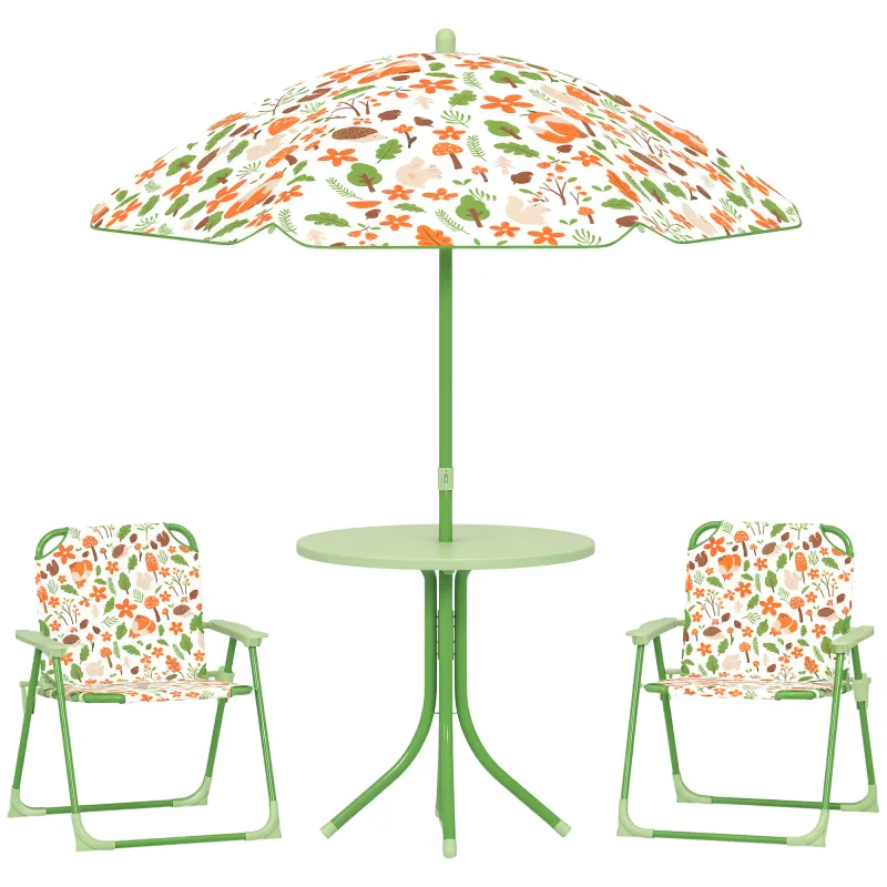 Kids Picnic Table and Chair Set, Outdoor Activity Table with Foldable Chairs, Removable Umbrella for Backyard, Green