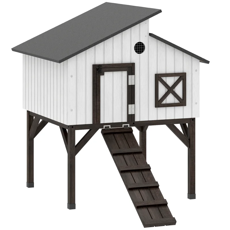 Chicken Coop Hen House with Nesting Box, Elevated Rabbit Hutch with Ramp, Asphalt Openable Roof and Elevated Legs