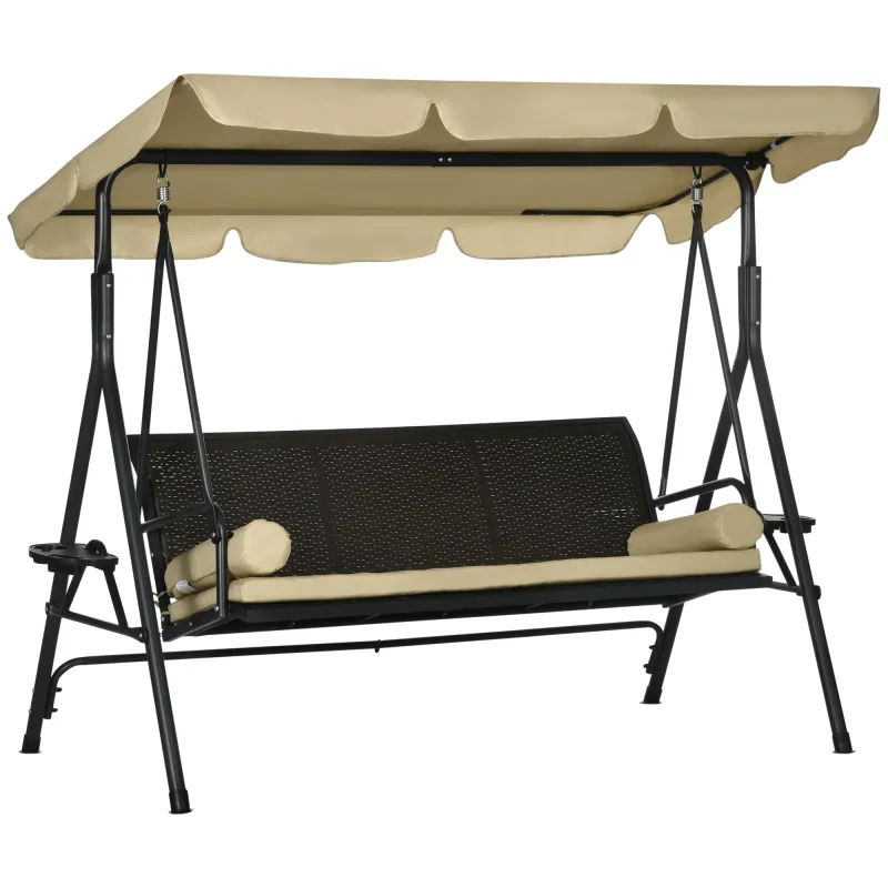 3-Seat Patio Swing Chair, Outdoor Canopy Swing Glider with Removable Cushion, Pillows, Adjustable Shade, and Rattan Seat, for Porch, Garden, Poolside, Backyard