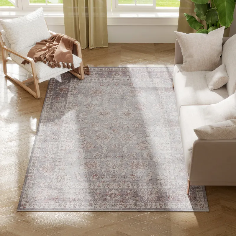 Machine Washable Area Rug 4x6, Non-Slip Traditional Flower Print Floor Carpet for Living Room, Bedroom, Grey and Brown