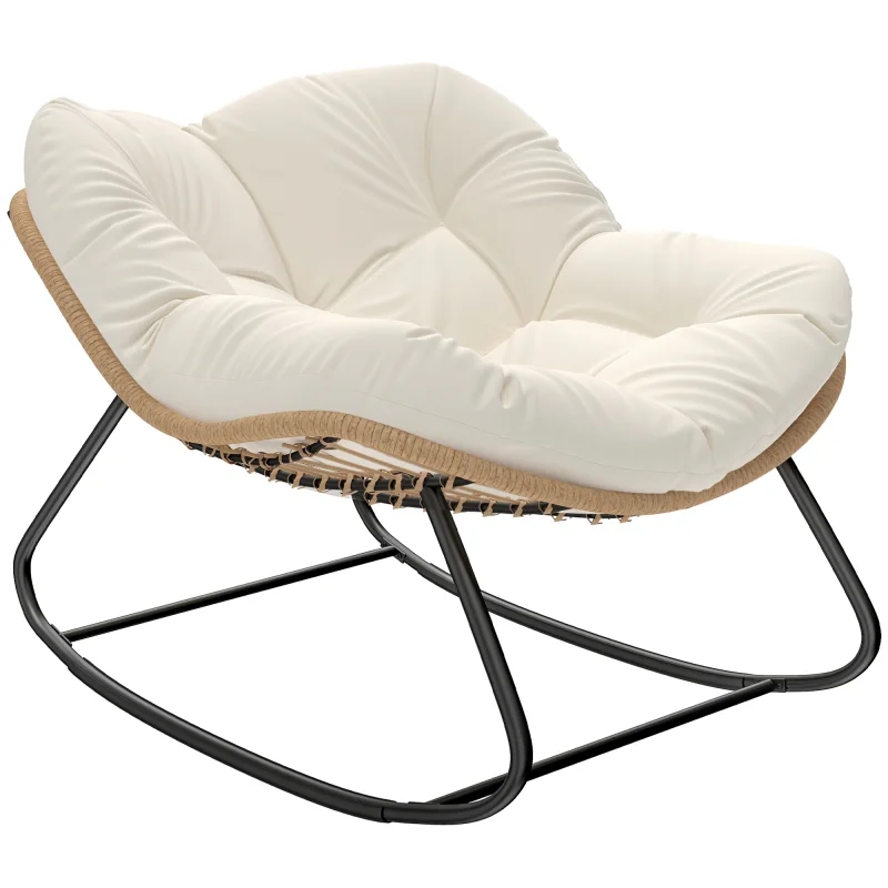 Indoor Outdoor Papasan Rocking Chair, Oversized Rocking Egg Chair with Cushion for Garden, Patio, Beige