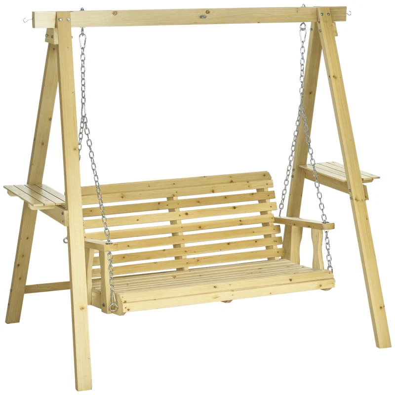 2-Seat orch Swing with Stand, Wooden Patio Swing Chair with Side Tables and Metal Chains, Outdoor Hanging Bench