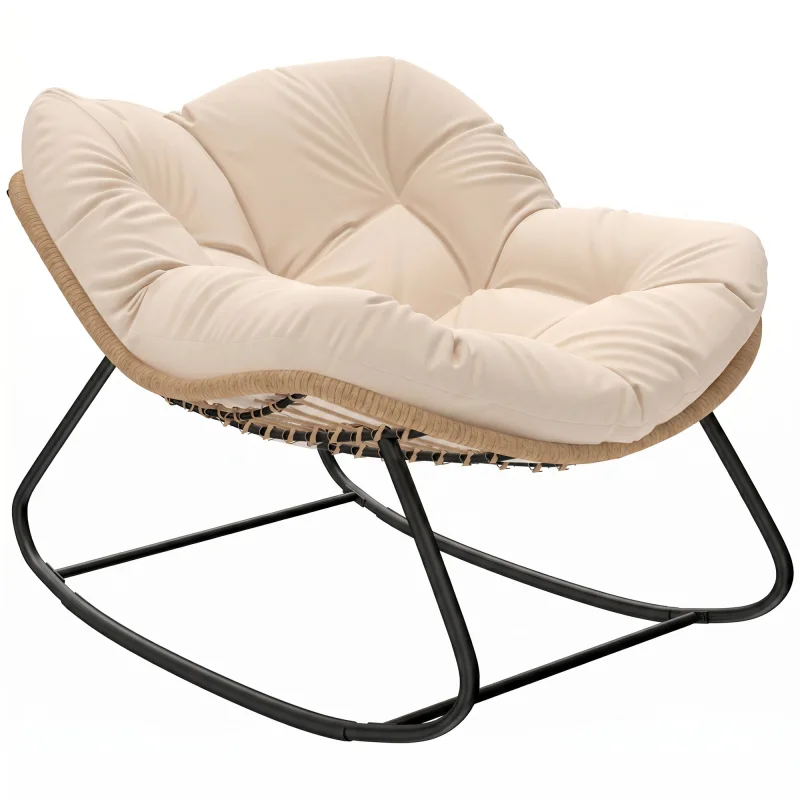 Indoor Outdoor Papasan Rocking Chair, Oversized Rocking Egg Chair with Cushion for Garden, Patio, Cream White