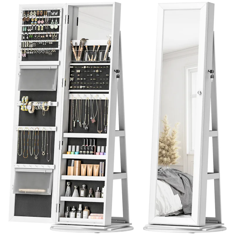 360° Swivel Jewelry Armoire, Lockable Jewelry Cabinet with Full-Length Mirror, Storage Shelves, White