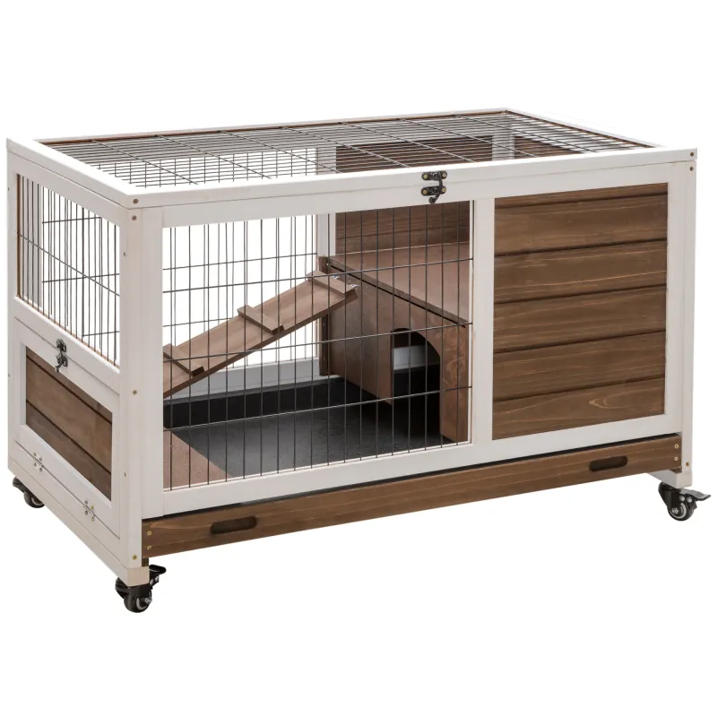 Rabbit Hutch on Wheels, Indoor Bunny Cage Small Animal House with Pull Out Tray Casters Ramp, 35.5" x 21" x 23", Brown
