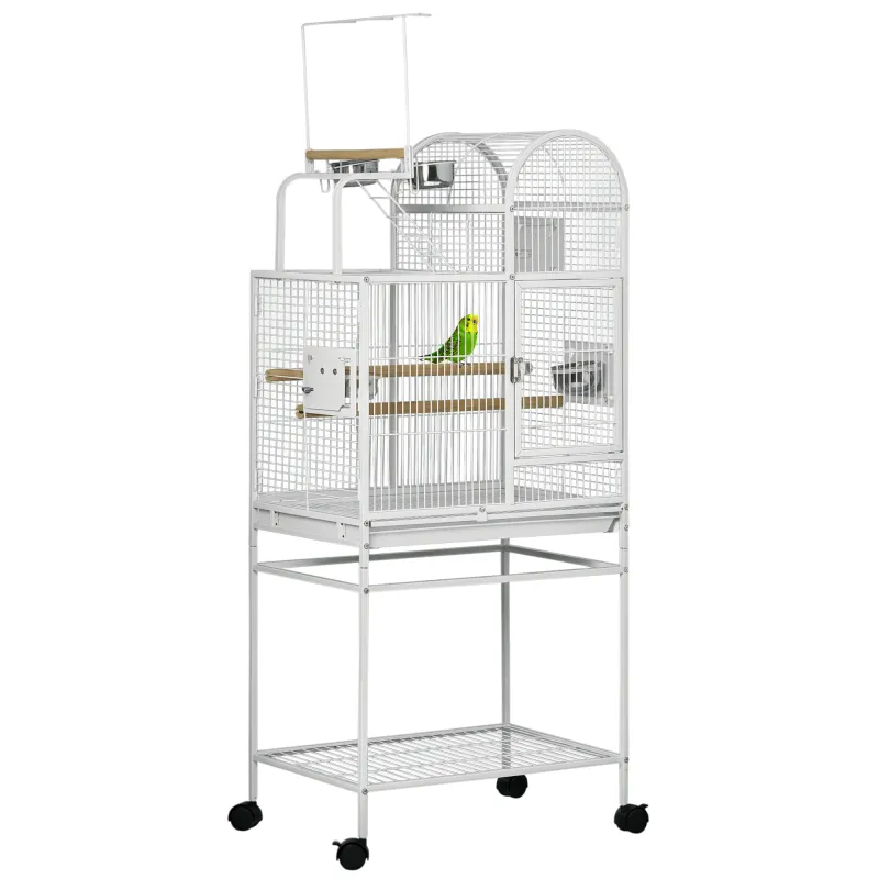 55" Large Parrot Cage with Toy Hooks Above Top Bird Perch, Tray, Food Cups, Rolling Stand, Bird Cage for Cockatiels, Parakeets, Lovebirds