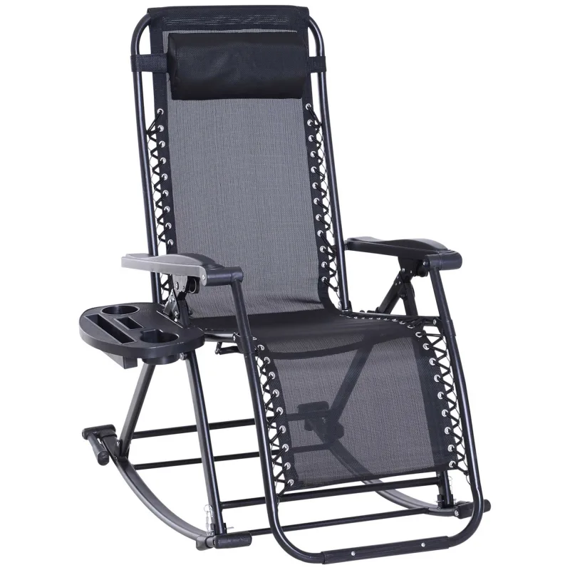 Outdoor Rocking Chairs, Foldable Reclining Zero Gravity Lounge Rocker with Pillow, Cup & Phone Holder, Combo Design with Folding Legs, Black