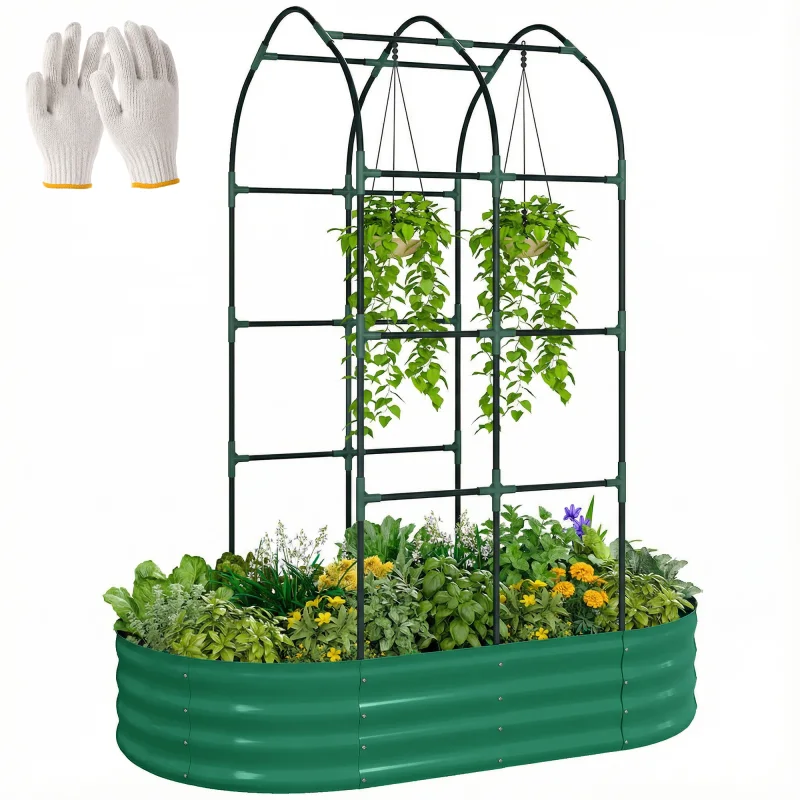 Galvanised Raised Garden Bed with Arched Trellis, 5 x 3 x 6ft Metal Outdoor Planter Box with Open Bottom, Green
