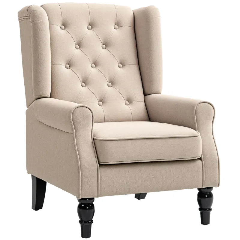 Wingback Accent Chair for Living Room, Button-Tufted Lounge Chair with Round Armrests and Wood Legs, Beige