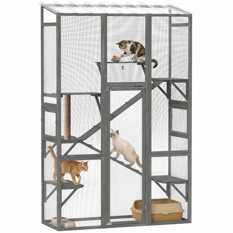Outdoor Catio Cat Enclosure, Large Wooden Cat House with 6 Jumping Platforms, Scratching Post, 2 Ramps, for 2-3 Kittens